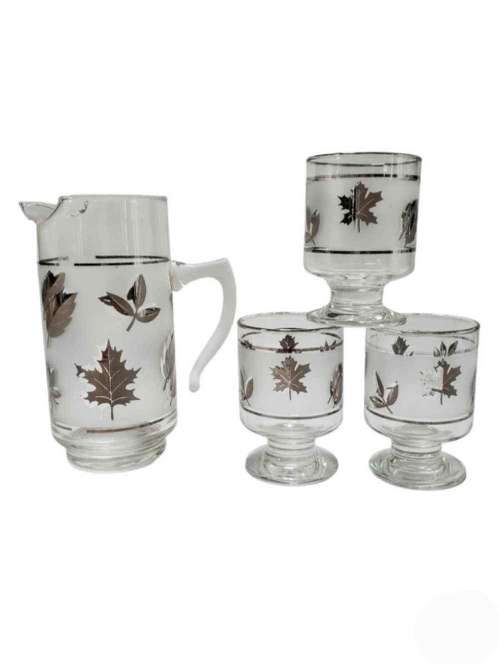 Libbey Vintage Silver Leaf Frosted Glass Pitcher & Pillar Glasses Cocktail Set